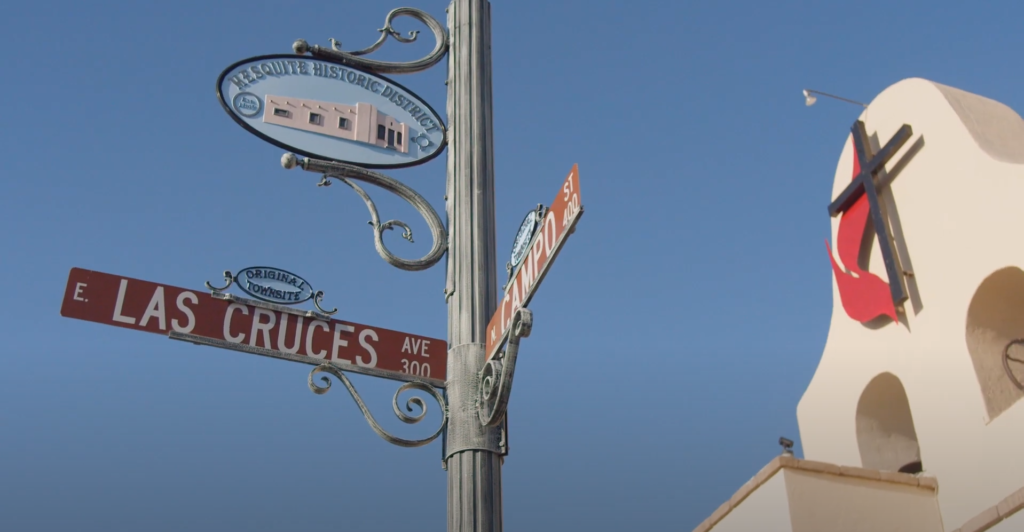 Street sign outside of El Calvario; Las Cruces Avenue and Campo Street